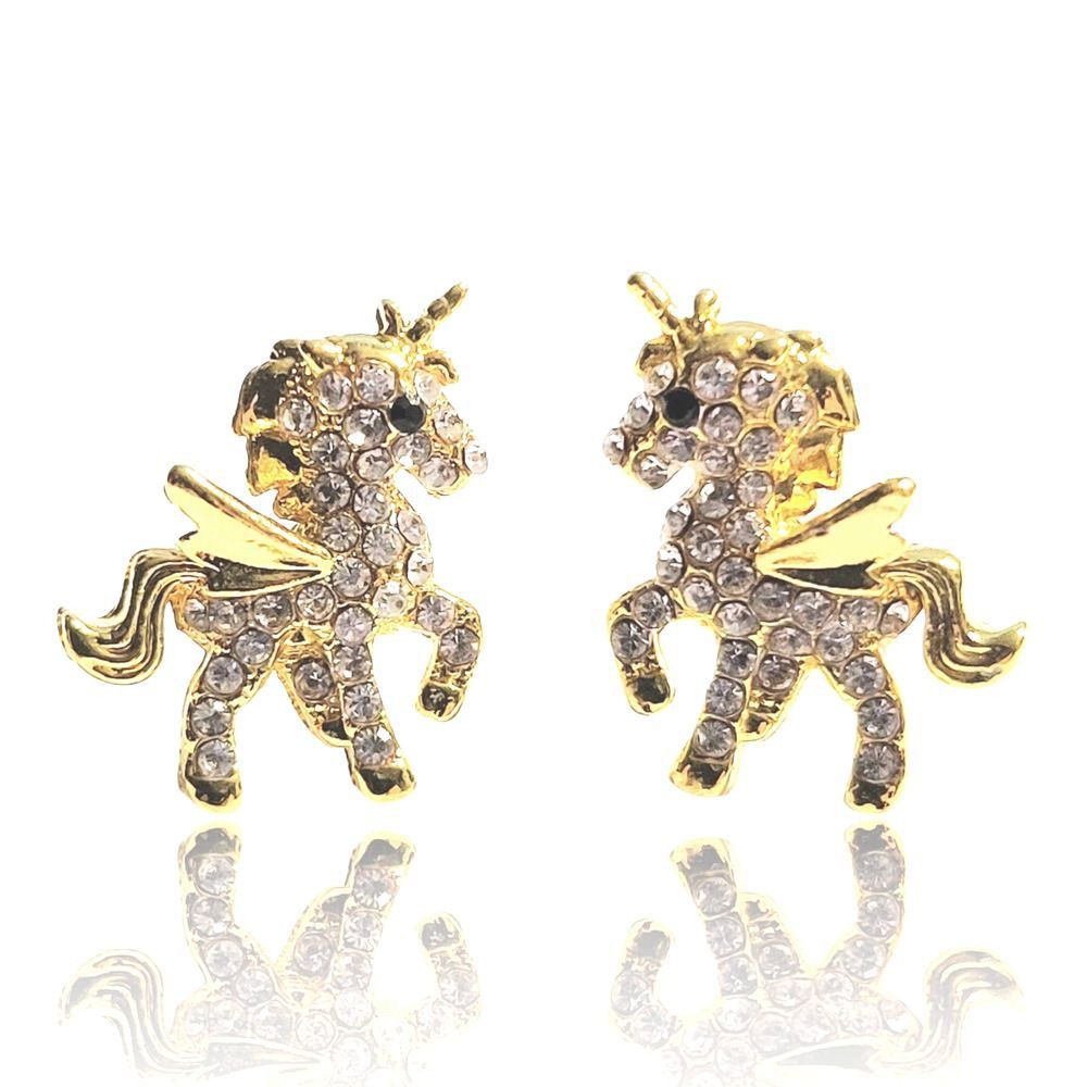 Gold Tone Round White and Black Crystal Unicorn Stud Earrings